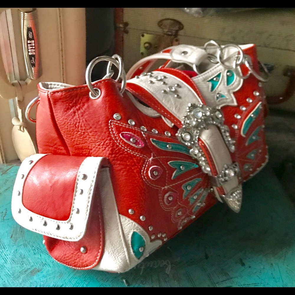 Darling orange, cream and torquois purse w/ bling - Picture 3 of 8